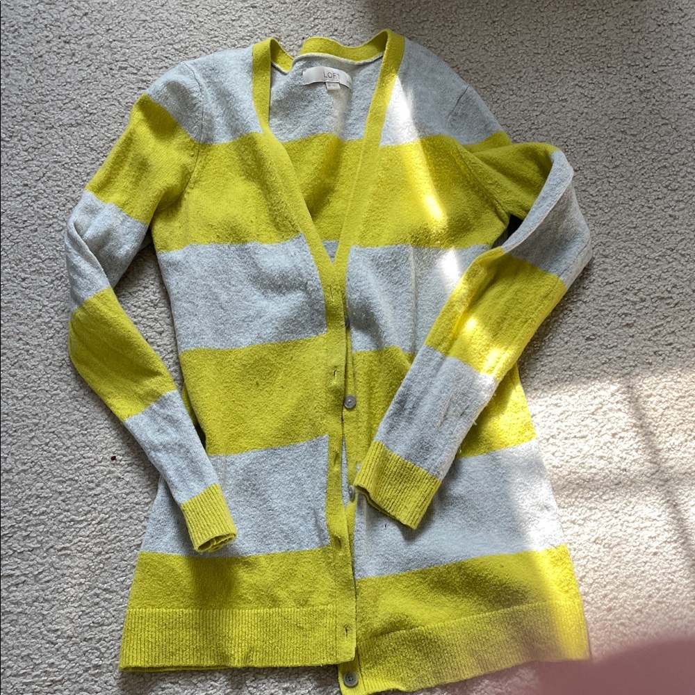 LOFT Bright Yellow & Light Gray Striped V-Neck Button Cardigan